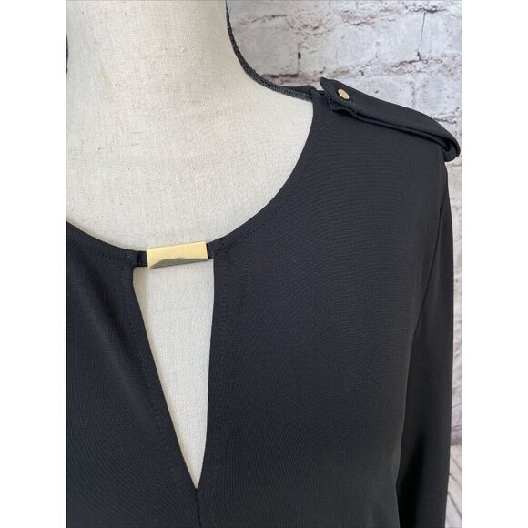 Ann Taylor Womens Sz L Black Long Sleeve Blouse Gold Bar Accent  Shoulder Detail - Picture 2 of 5